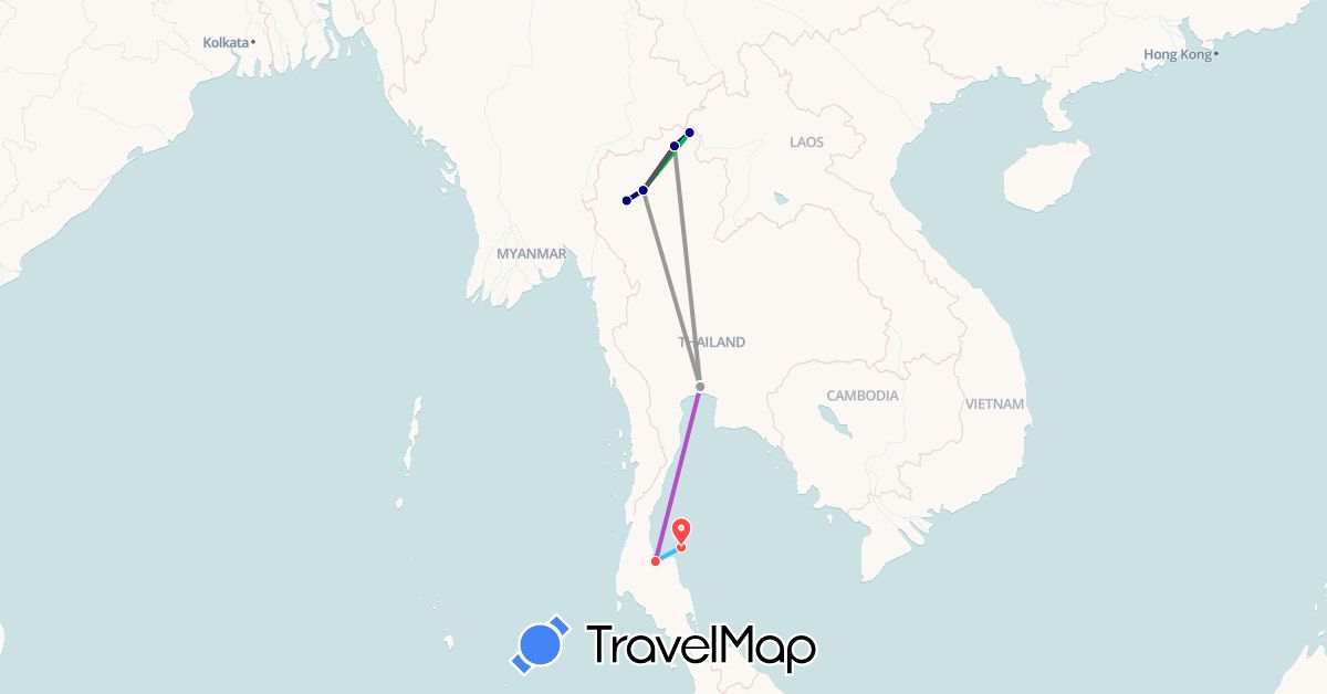 TravelMap itinerary: driving, bus, plane, train, hiking, boat, motorbike in Thailand (Asia)